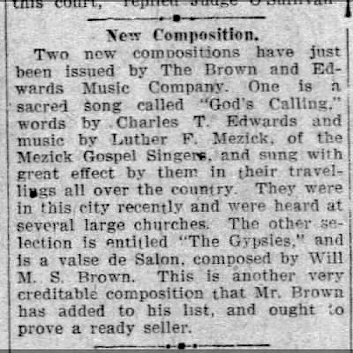 Newspaper notice for God's Calling, with music by Luther F. Mezick.