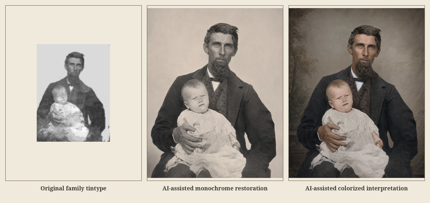 Isaac Francis Mezick holding the infant Luther, with two modern interpretive restorations.