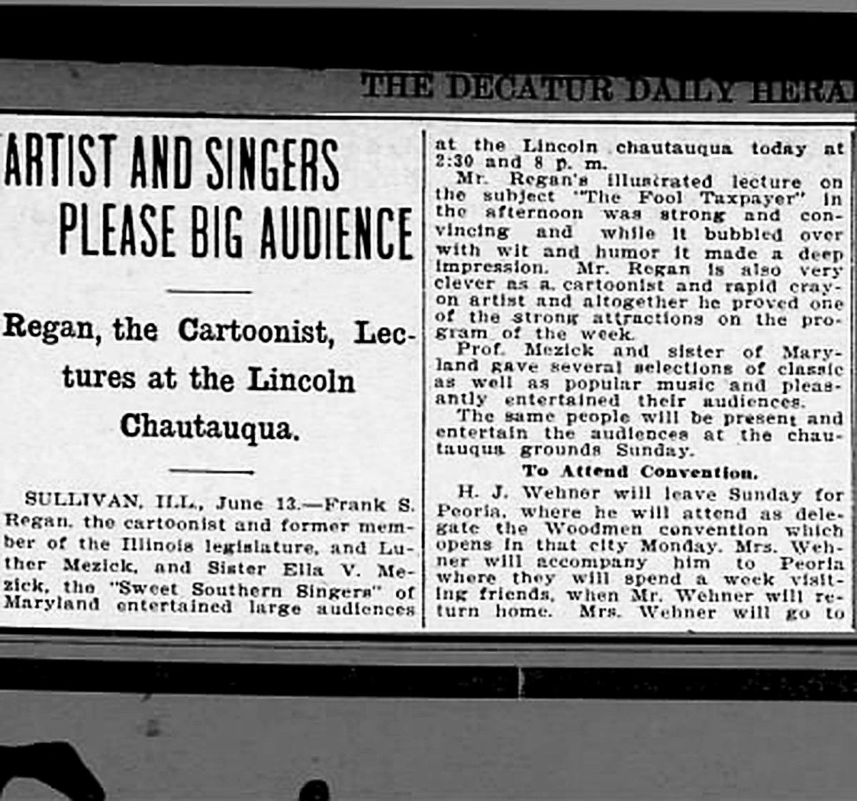 Illinois newspaper report on Luther and Ella Mezick at a Lincoln Chautauqua.