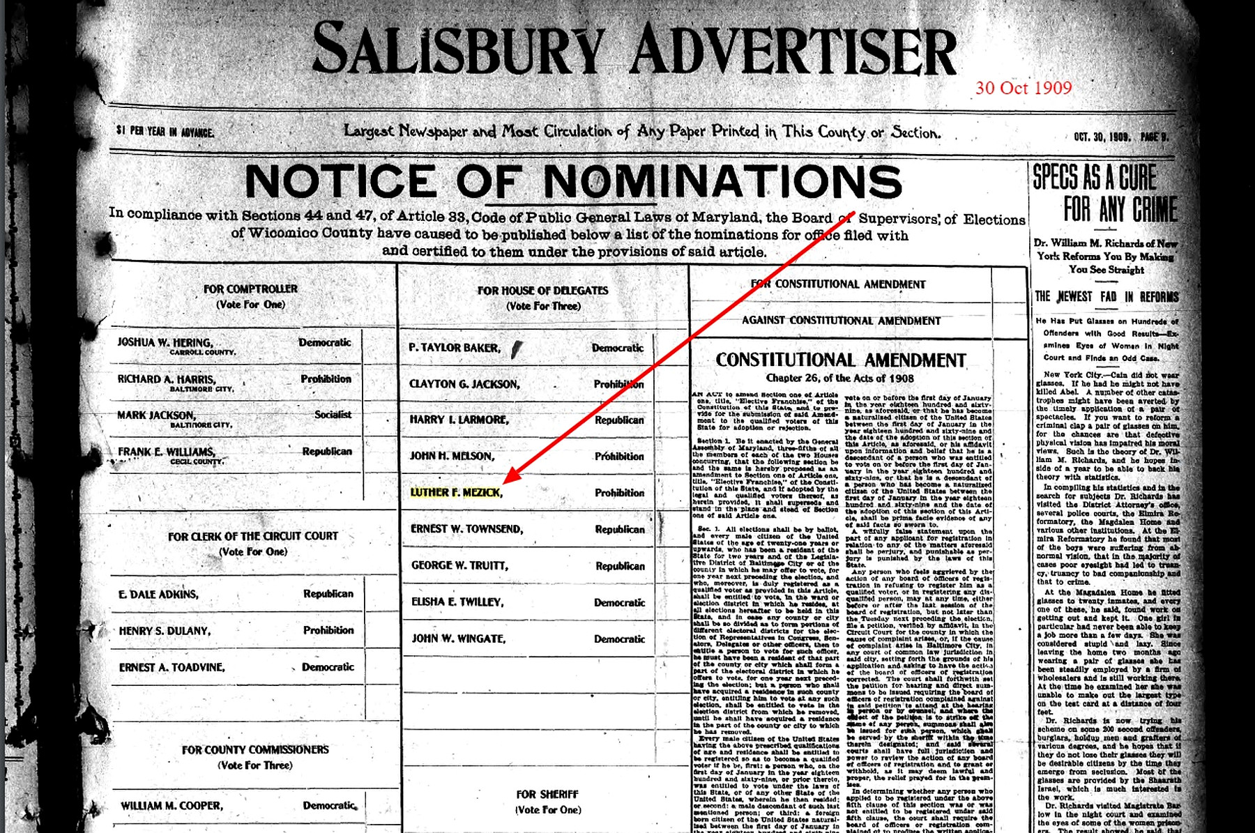 1909 newspaper notice of nominations including Luther F. Mezick for the Maryland House of Delegates.