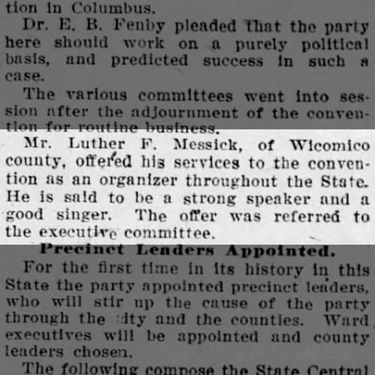 1909 newspaper report of Luther Mezick offering his services as a statewide Prohibition organizer.