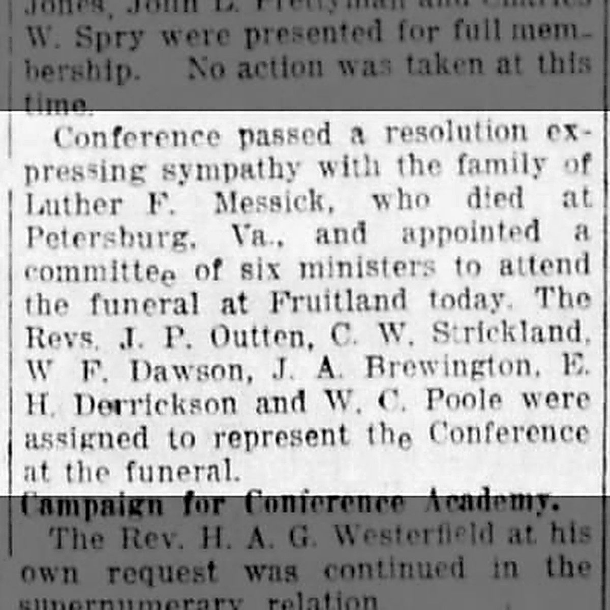 Wilmington Methodist Episcopal Conference notice concerning Luther Mezick's funeral.
