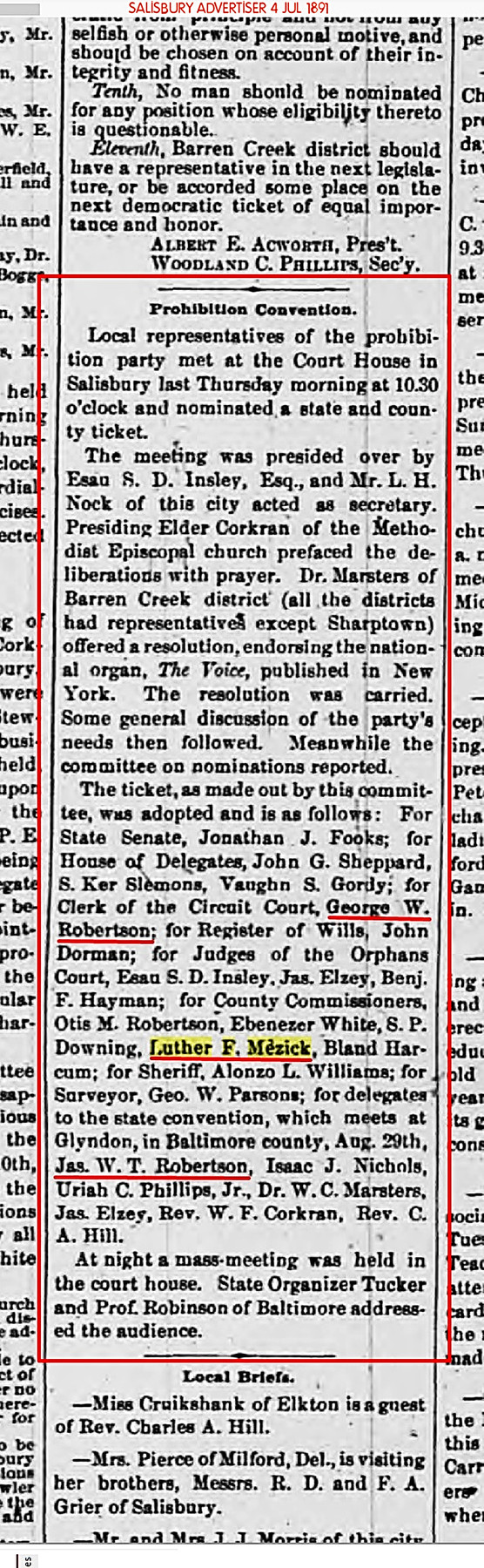Historical newspaper clipping reproduced in Luther Mezick's biography.