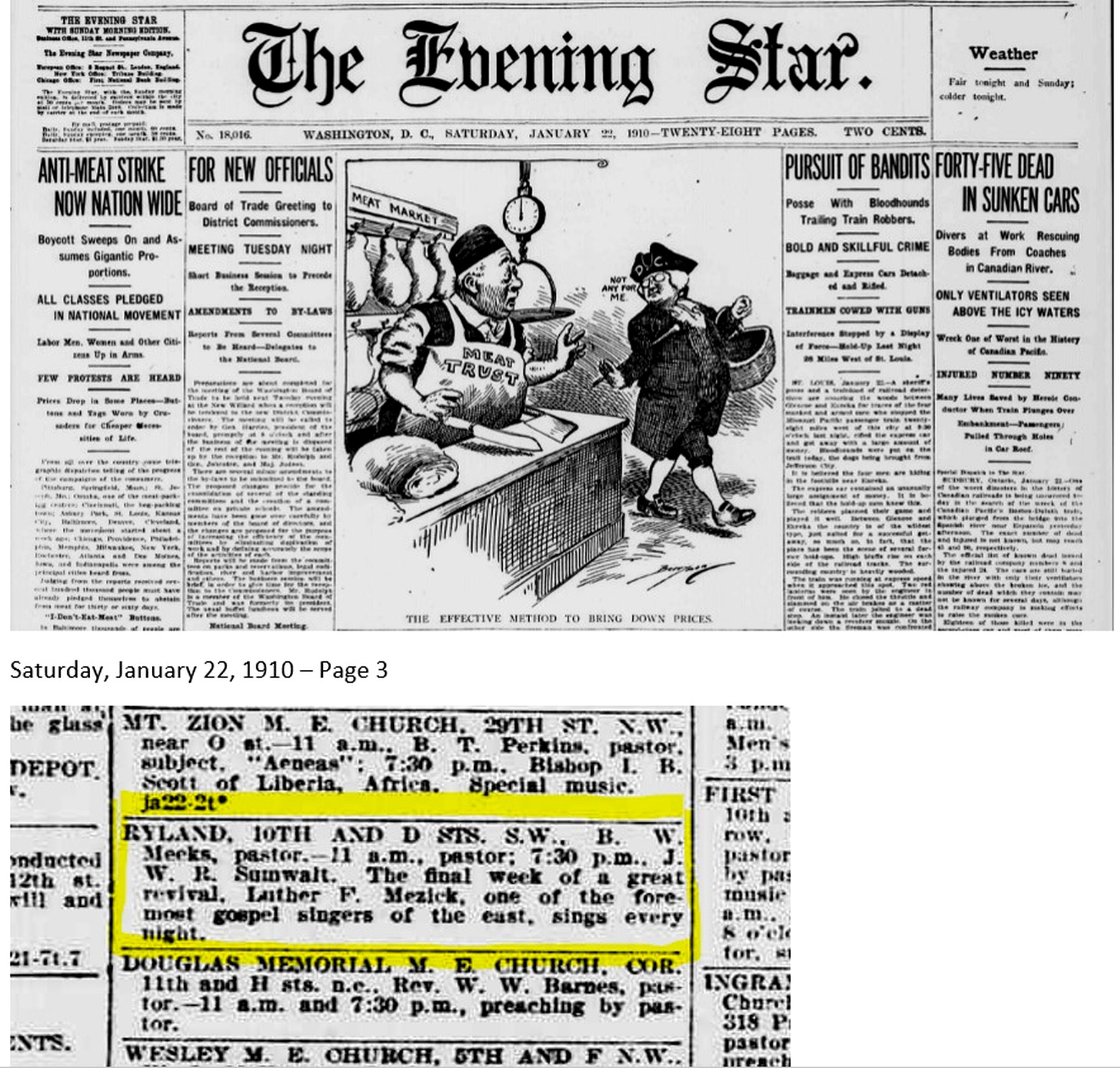 The Evening Star, Washington, D.C., 22 January 1910, advertising Luther Mezick as a featured gospel singer.
