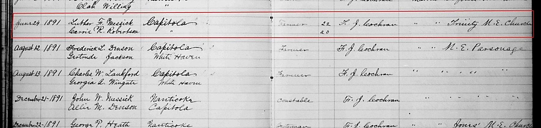 Trinity Methodist Episcopal Church marriage register entry for Luther F. Mezick and Carrie R. Robertson, 24 June 1891.